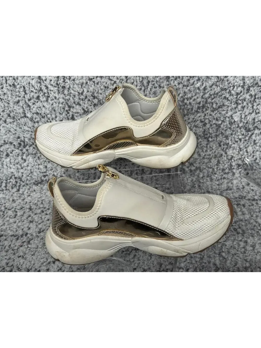 Michael Kors Womens Sami Zip Trainer Sneakers Cream/Gold Size 6.5M